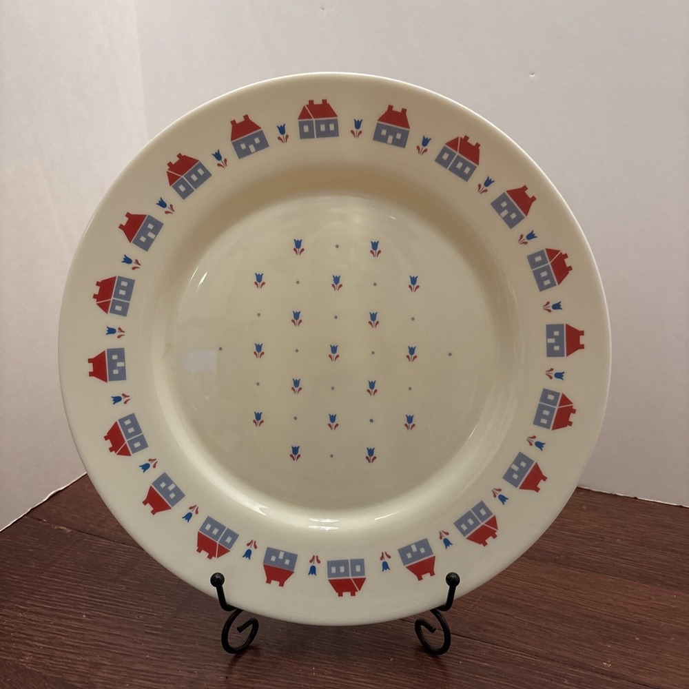 Arcopal France Village Dinner Plate Red Blue House Folk Art Tempered Glass10.75"